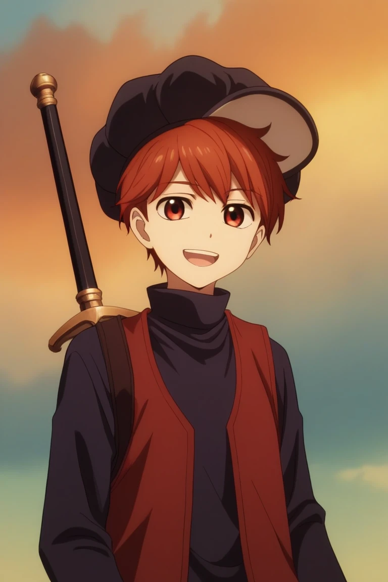 score_9, score_8_up, score_7_up, score_6_up, masterpiece, best quality, amazing quality, best aesthetic, absurdres, intricate details, near, red hair, red eyes, black hat, black shirt, red vest, 1boy, male focus, solo, open mouth, weapon, sword, smile, looking at viewer, portrait, hat, teeth, sky,cloud<lora:EMS-462666-EMS:1.000000>