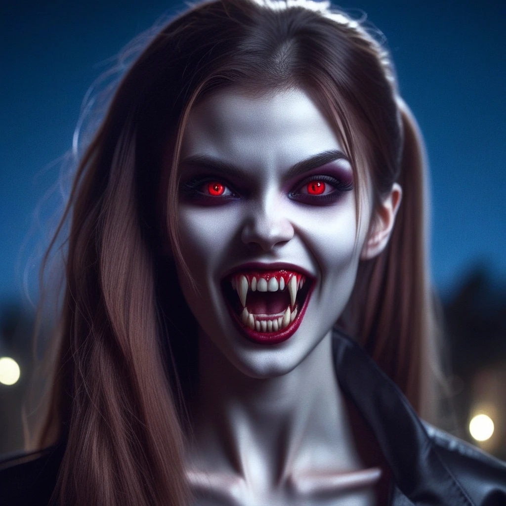 1girl, solo, vampire, girl, sharp fangs, moonlight, looking at viewer