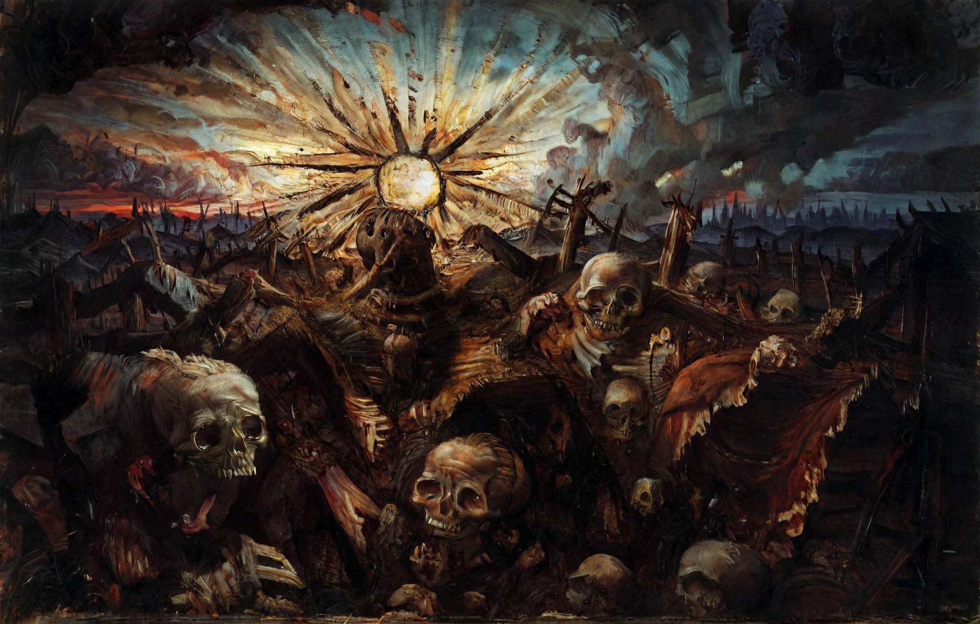 <lora:otto-dix_pony_v1:1> mughal \(style\),  ' scape ' by dix otto in 1932,  verism \(style\), cityscape \(genre\),landscape \(genre\)   skeletons-and-skulls  streets-and-squares  sunrise-and-sunset   (medium full shot ) of lurking vampire crying, detailed face, located in a horrifying scene at a desolate isolated cabin in the woods during stormy night with windy weather, illuminated by flashlight beam, creating a terrifying,unsettling atmosphere, score_9, score_6_up, score_7_up