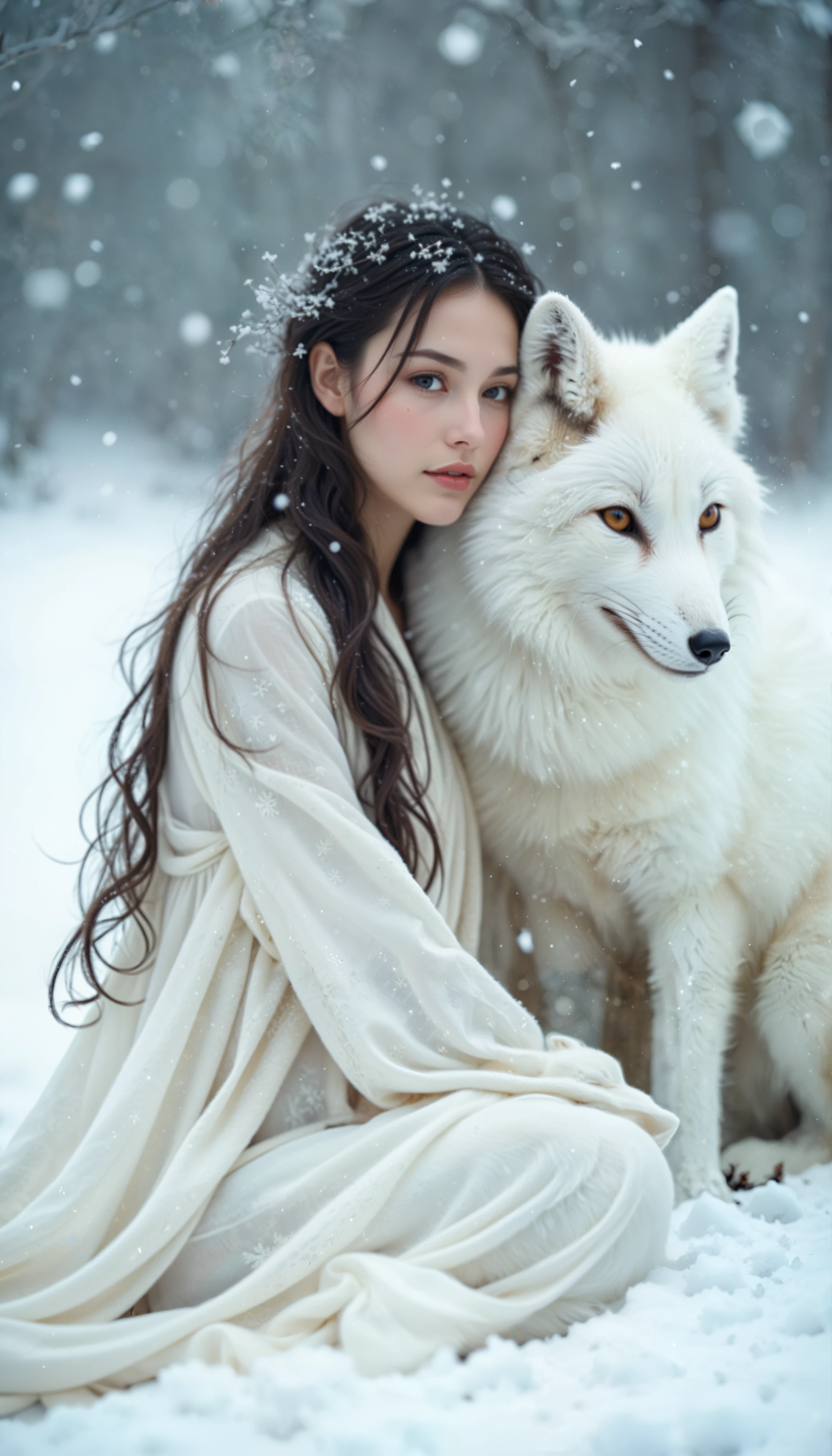 Professional portrait photography. A breathtaking, award-winning still captures an ethereal winter scene. An 18-year-old girl, dressed in flowing, light white garments that blend seamlessly with the snowy landscape, sits gracefully on a pristine blanket of snow. Her delicate face, framed by soft, loose strands of hair, gently presses against the neck of a snow-white fox, whose fur glistens in the soft, diffused light. The fox is perched protectively behind her, its head nuzzling her right shoulder with a comforting, intimate gesture. The background is adorned with a subtle bokeh effect, creating a dreamlike atmosphere. White snowflakes float gently down from the sky, adding a sense of tranquility and magic to the scene. The overall composition exudes beauty and serenity, with the visuals blending elements of dream and reality, evoking deep emotions and a sense of otherworldly calm This is a breathtaking portrait.