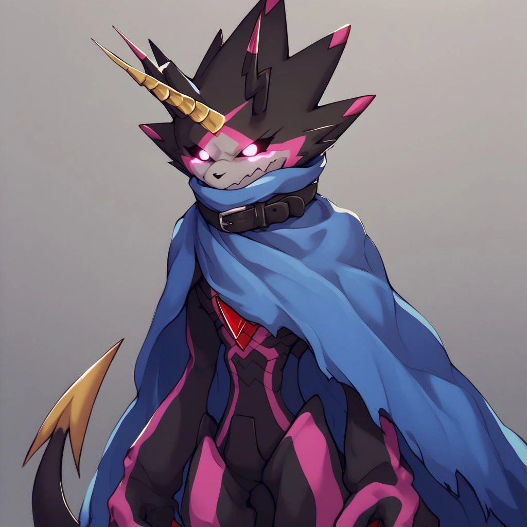 gulusgammamon (character), digimon (creature), 1boy, solo, anthro, scalie, black body, horns, no pupils, claws, glowing eyes, belt, stinger tail, score_9, score_8, score_7_up, score_6_up, cape, standing, upper body,