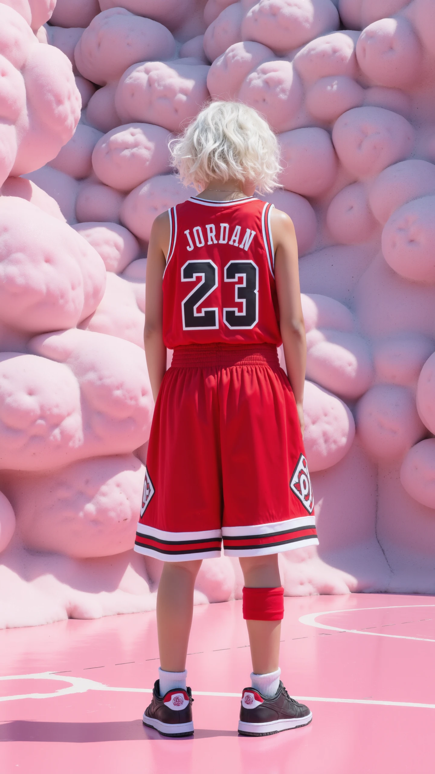 backside, a sureal image,explosion of colors,  Bulls Jersey , the jersy reads Jordan, The image depicts a backside of female balenciaga model asian, white messy hair, standing on a candy cotton cloud, infaltable anime huge monsters, The individual is wearing a red basketball jersey with the number "23" and the Chicago Bulls logo,nba logo, casual attire including red shorts, sneakers,
at a sureal basketball cort, infaltable walls