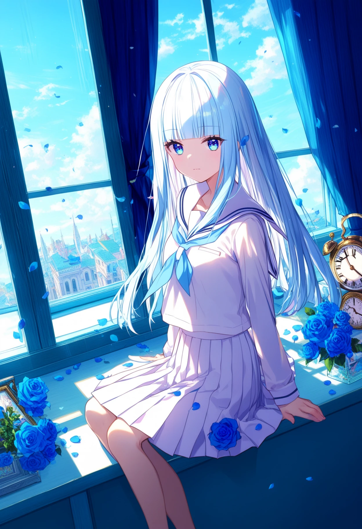 score_9, score_8_up, score_7_up, source_anime,rating_explicit,
BREAK
1girl, solo, 
<lora:shiuzichoV1-000008:0.8>, long hair, looking at viewer, bangs, blue eyes, skirt, shirt, long sleeves, bow, sitting, closed mouth, school uniform, white shirt, flower, white hair, hair bow, pleated skirt, serafuku, day, indoors, blunt bangs, sailor collar, petals, window, rose, white skirt, white bow, curtains, blue flower, white sailor collar, clock, blue rose,