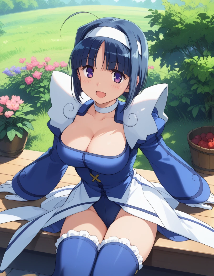 score_9, score_8_up, score_7_up, BREAK source_anime, best quality, masterpiece,very aesthetic, zPDXL2,official art,detailed_eyes,1girl, solo,
kannazuki_aoi, short hair, ahoge,blue hair, purple eyes,large breasts,
frills, blue thighhighs, hairband, gloves, cleavage,blue leotard, choker, long sleeves
<lora:kannazuki_aoi_pony_v1:1>
sitting, dynamic pose ,
open mouth,blush,light smile,
looking at viewer,(cowboy shot,:1.3),
outdoors,