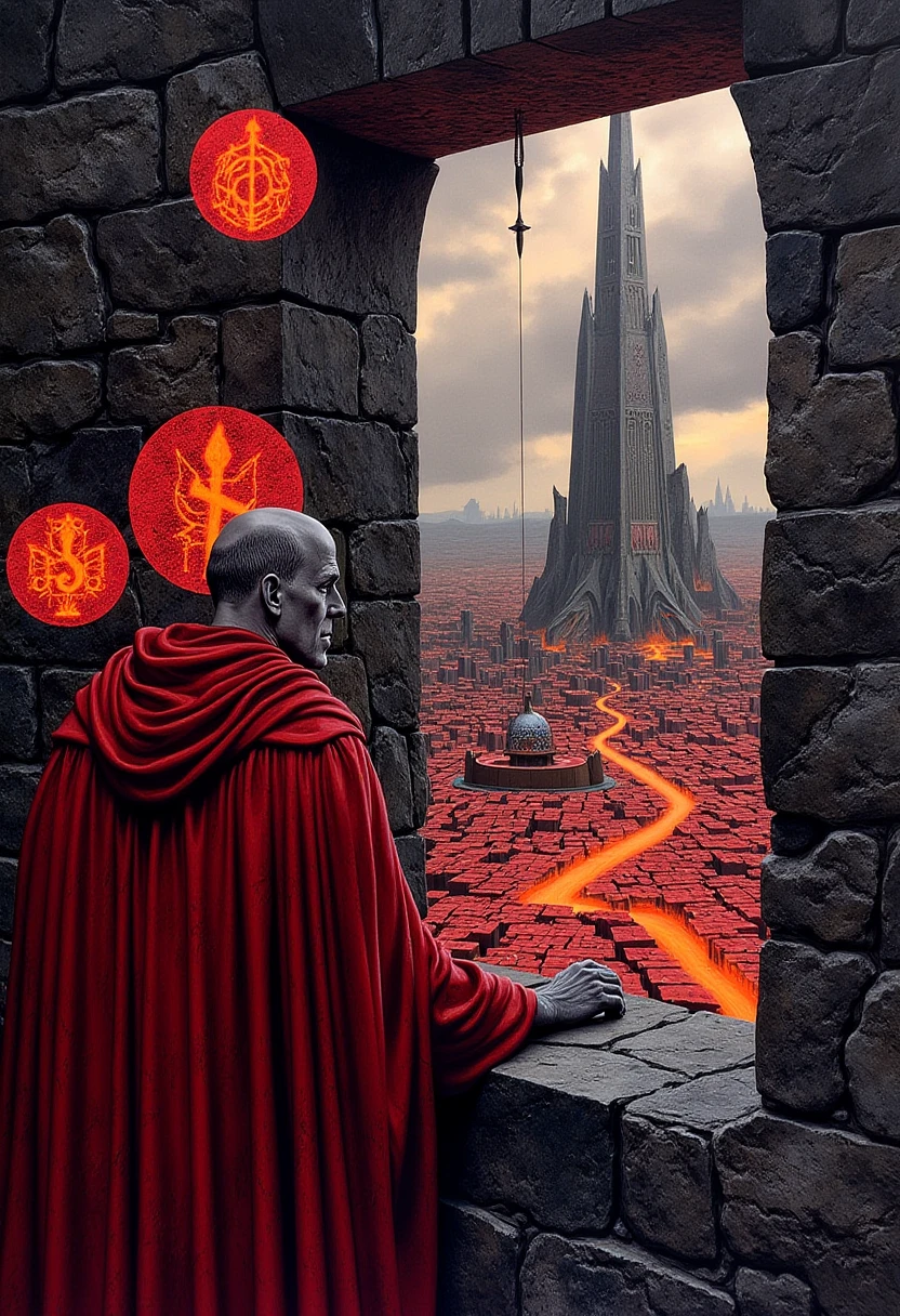 A highly detailed fantastical picture of a demon lord staring out his the tower window, his royal sigils float and glow around his head, out side the window is a vast hell city with row after row of buildings. Souls work to build new structurers.