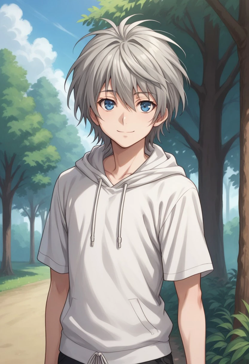 score_9, score_8_up, score_7_up, source_anime, highly detailed, 
shiina, solo, blue eyes, male focus, 1boy, shorts, upper body, grey hair, standing,  looking at viewer, blue eyes, shirt, smile, hoodie, hood, short sleeves,
outdoor, sky, tree