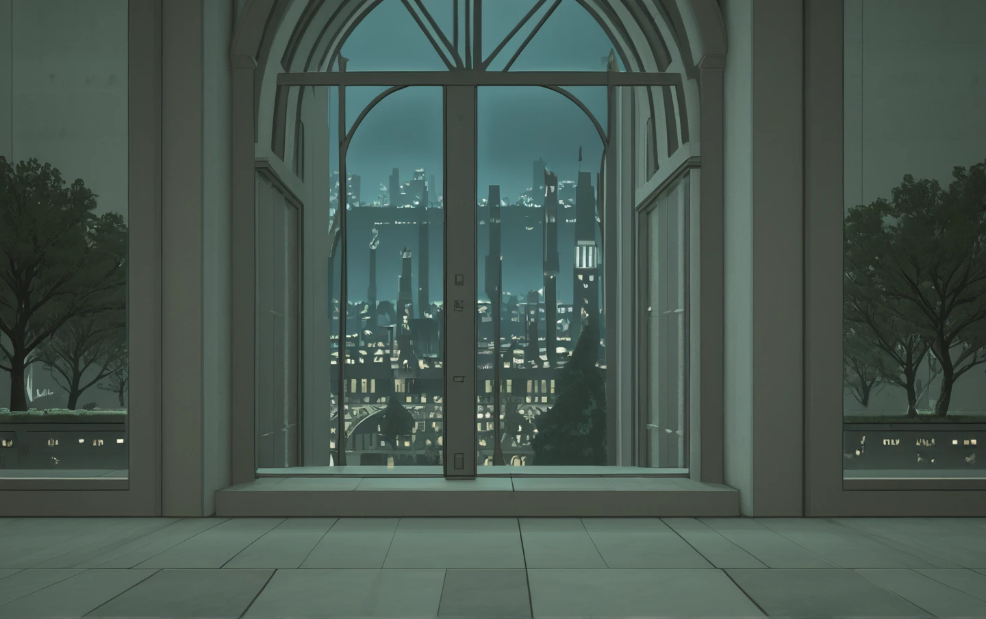 <lora:Amaurot_FORPONY:1>scenery, building, tree, window, night, hallway