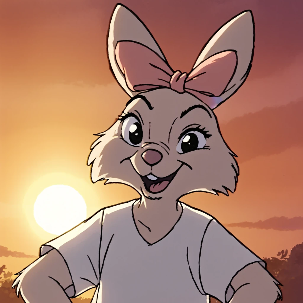 sis happy, backlighting, sunset, wearing white tshirt, raised eyebrow, (bunny girl:0.5), upper body portrait <lora:sis-ponyv6xl:1>