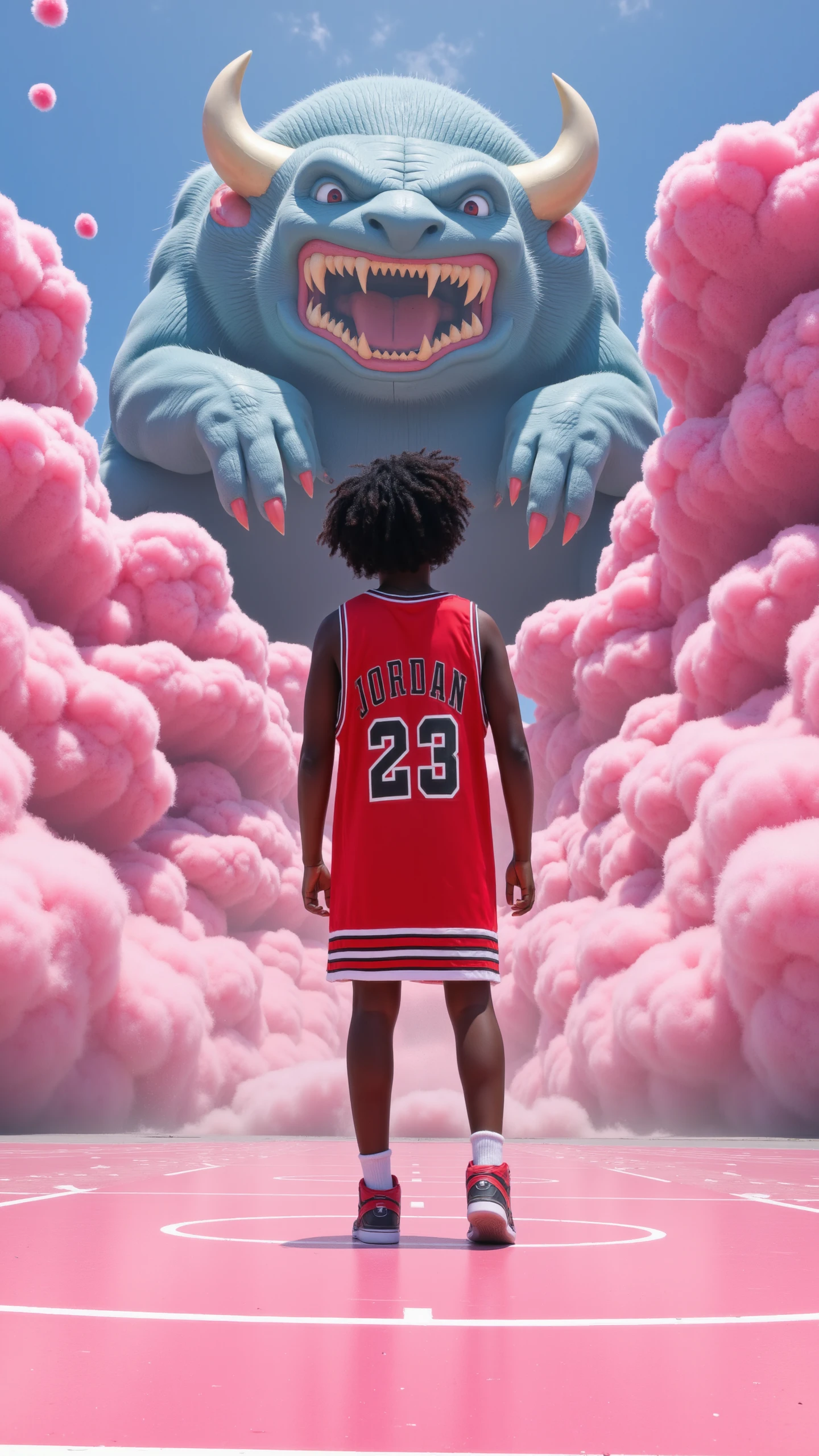 backside, a sureal image,explosion of colors,  Bulls Jersey , the jersy reads Jordan, The image depicts a backside of female afro american balenciaga model asian, afro black hair, standing on a candy cotton cloud, infaltable anime huge monsters, The individual is wearing a red basketball jersey with the number "23" and the Chicago Bulls logo,no shorts casual attire, sneakers,
at a sureal basketball cort, infaltable walls