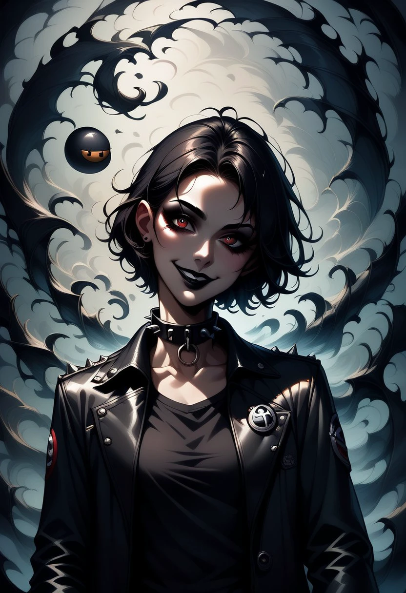 score_9, score_8_up, score_7_up, score_9,  
sh4dowre4lm, uocssh4dowre4lm, shadowrealm, shadow, shadow realm, dark, horror, fear, darkest, nightmare, 1girl, solo, looking at viewer, smile, black hair, long sleeves, jewelry, jacket, upper body, choker, collar, head tilt, makeup, ring, lipstick, spikes, leather, spiked collar, badge, gothic, button badge, smiley face