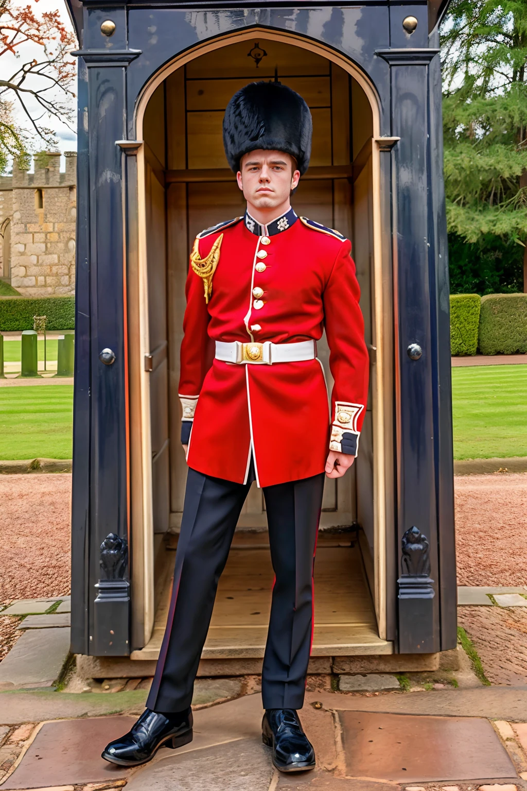 Windsor Castle in the background, standing next to a guard house, auburn hair, JPDubois wearing (kg_uniform), (((full body portrait))), wide angle  <lora:JPDubois:0.8>  <lora:kg_uniform:0.8>