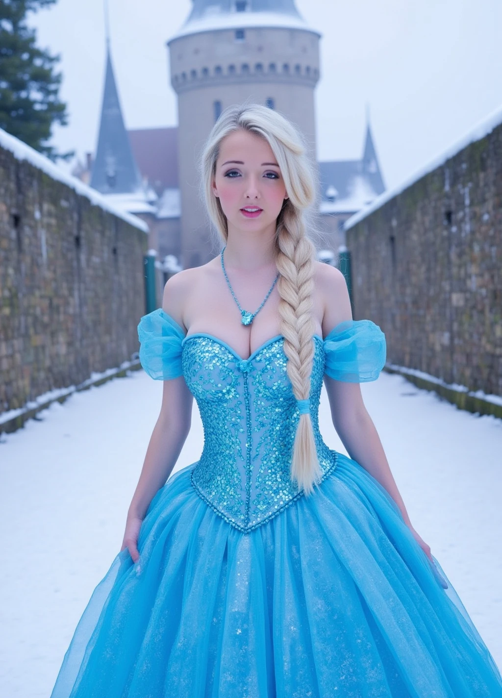 Lucie Wilde have white long hair one braided on the side and wears a blue princess dress with sparkle. in the snow and in a castle <lora:Lucie_Wilde:0.9>