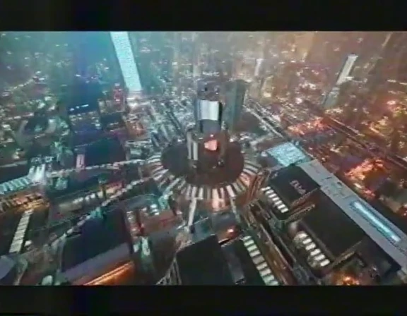vhs style, photograph of a cyberpunk city, aerial view
