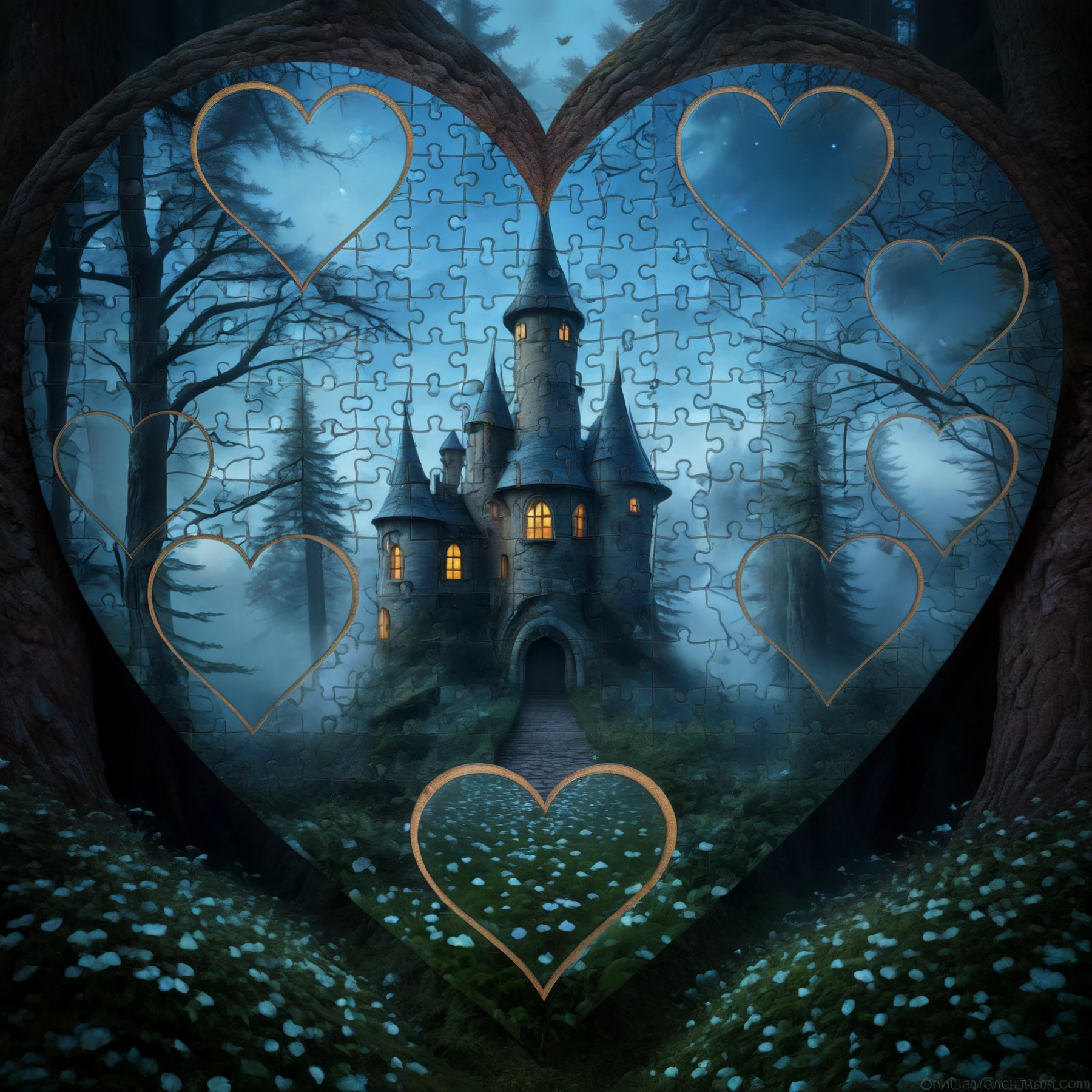 Jigsaw hearts.

Surreal. Fantasy, fairy, mist.

<lora:JigsawHearts01-00_CE_SDXL_128OT:0.6>