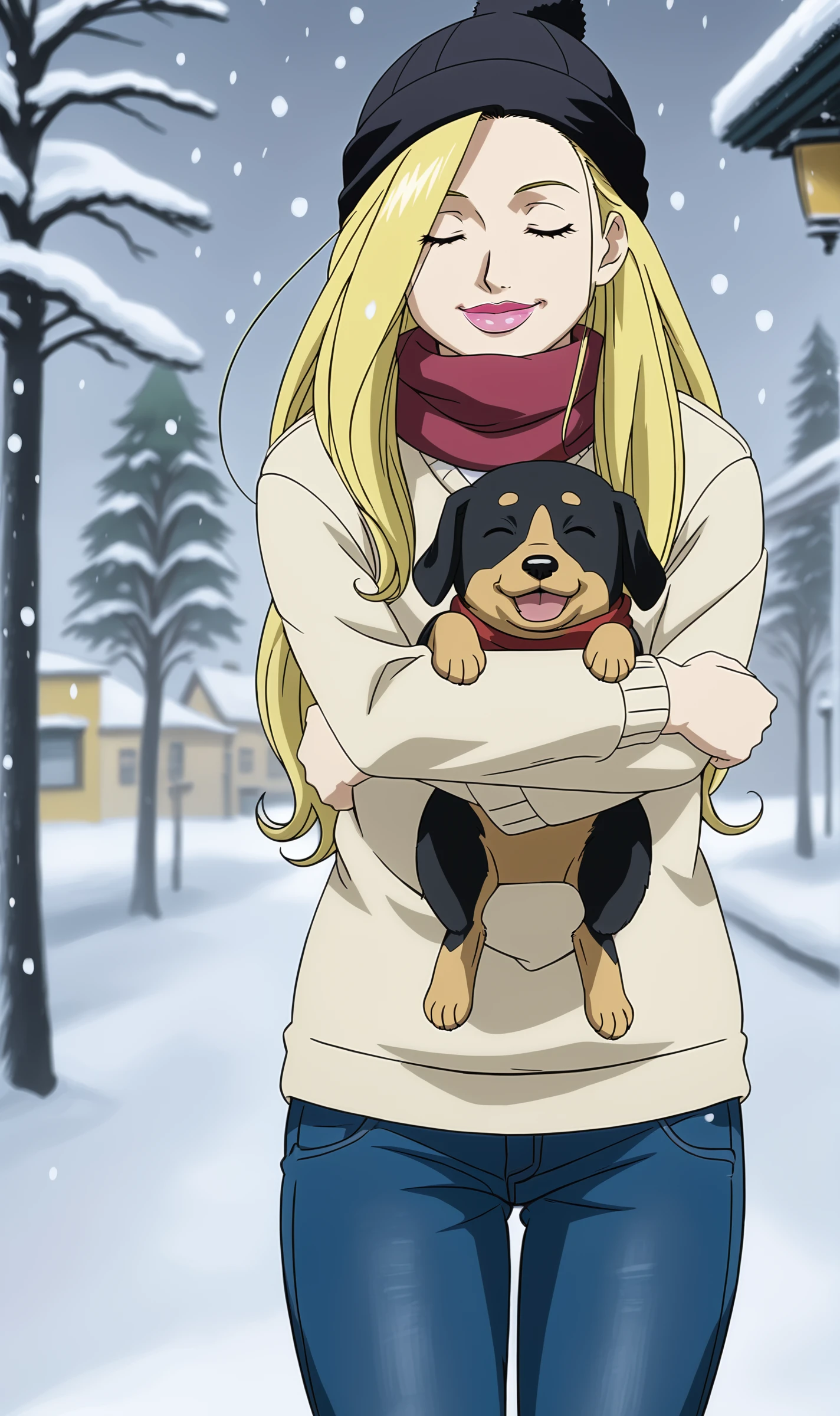 OMA, 1girl, solo, blonde hair, long hair, closed eyes, lipstick, white turtleneck sweater, scarf, beanie, jeans, hugging dog, happy, outdoors, snowing,  <lora:Olivier Mira Armstrong Pony XL:0.8>