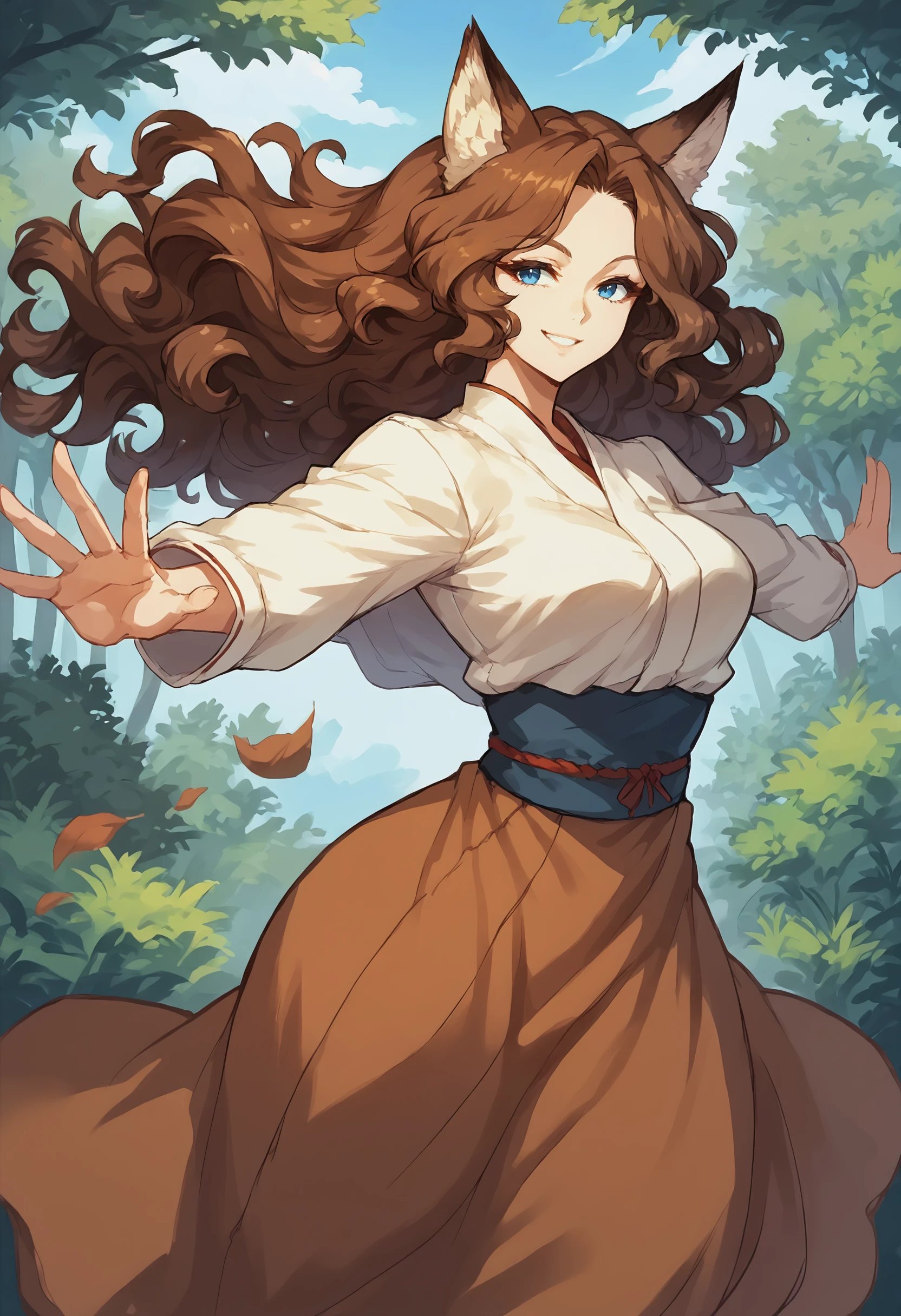 score_9, score_8_up, score_7_up, 1girl, fox girl,rating_safe, brown hair, long hair, wavy hair, blue eyes, smile, wind, forest, beautiful sky, t-pose, tpose, spread arms, smile
<lora:T-Pose (pony) v1:1>