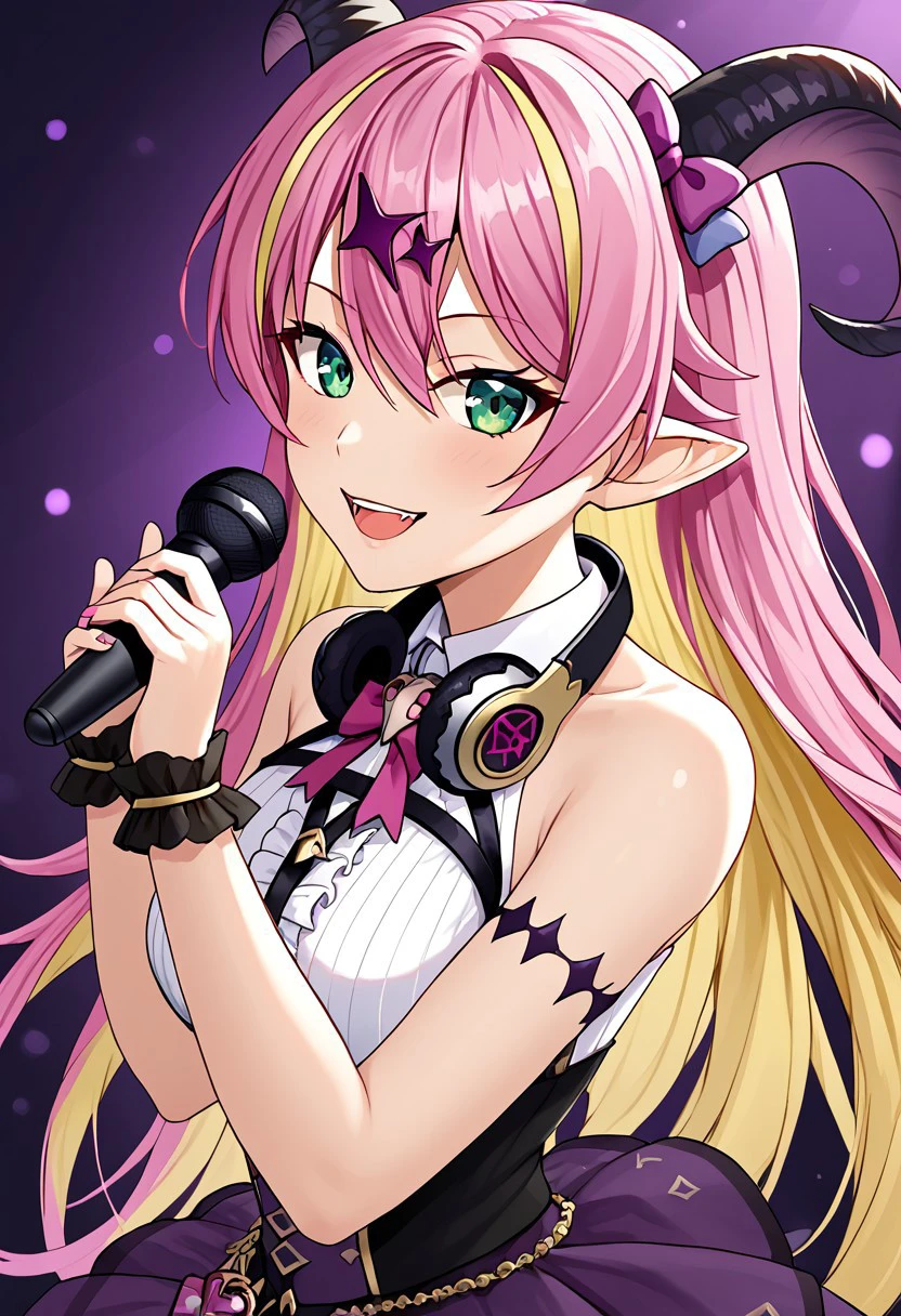 1girl, solo, highres, ManoAloe, long hair, multicolored hair, blonde hair, pink hair, demon horns, pointy ears, hair ornament, asymmetrical horns, green eyes, bangs, hair between eyes, colored inner hair, hair bow,
bare shoulders, bow, chest harness, sleeveless shirt, wrist cuffs, purple skirt, arm strap, white shirt, headphones, headphones around neck, 
upper body, smile, looking at viewer, open mouth, singing, 
((((((microphone, holding microphone,)))))))