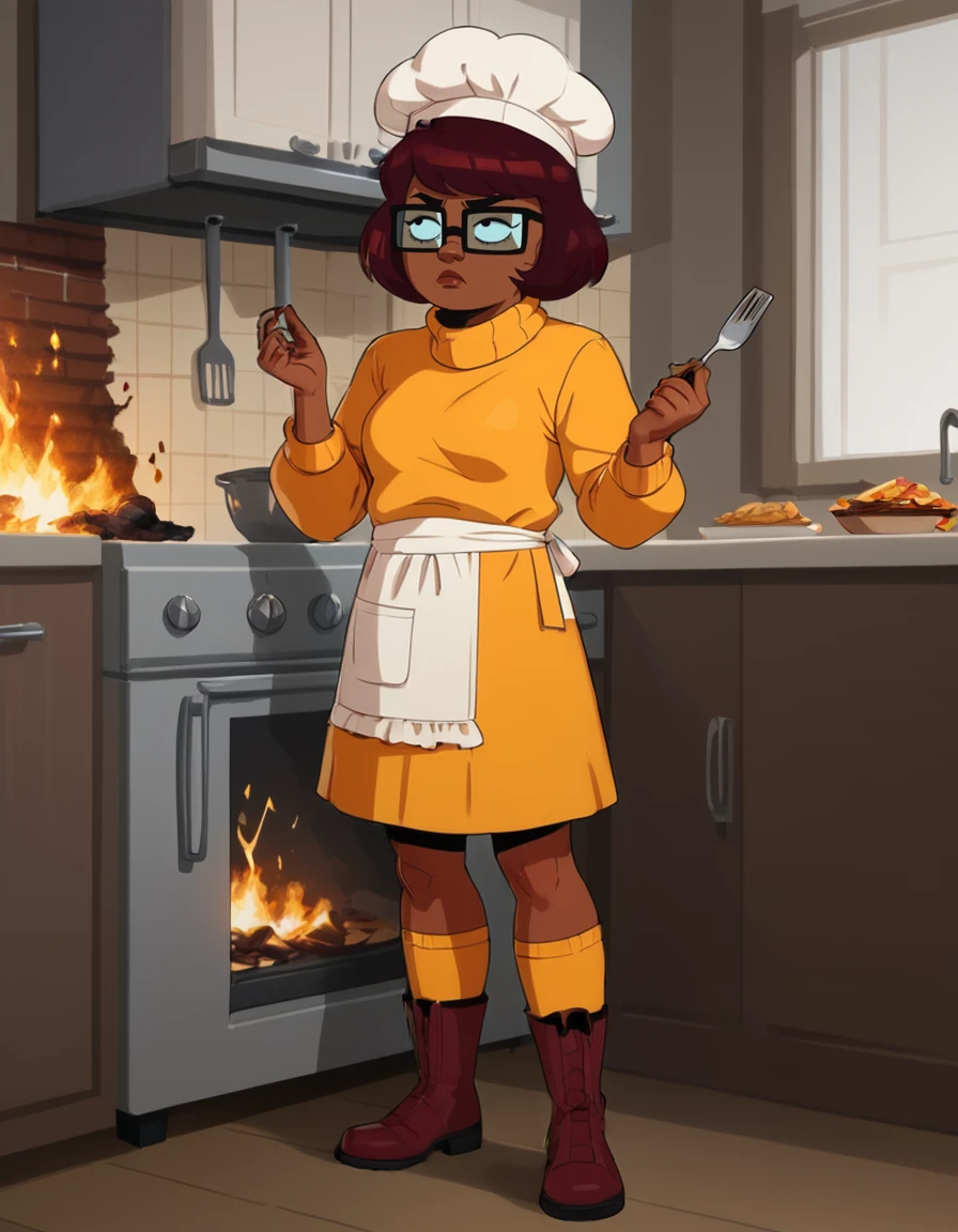 score_9, score_8_up, score_8,
<lora:Velma_HBO_for_PonyXL:0.7> 1girl, v4lm4, glasses, short hair, solo, dark skin, sweater, skirt, socks, boots, 
bored, shrug, indoors, kitchen, chef hat, apron, burning food