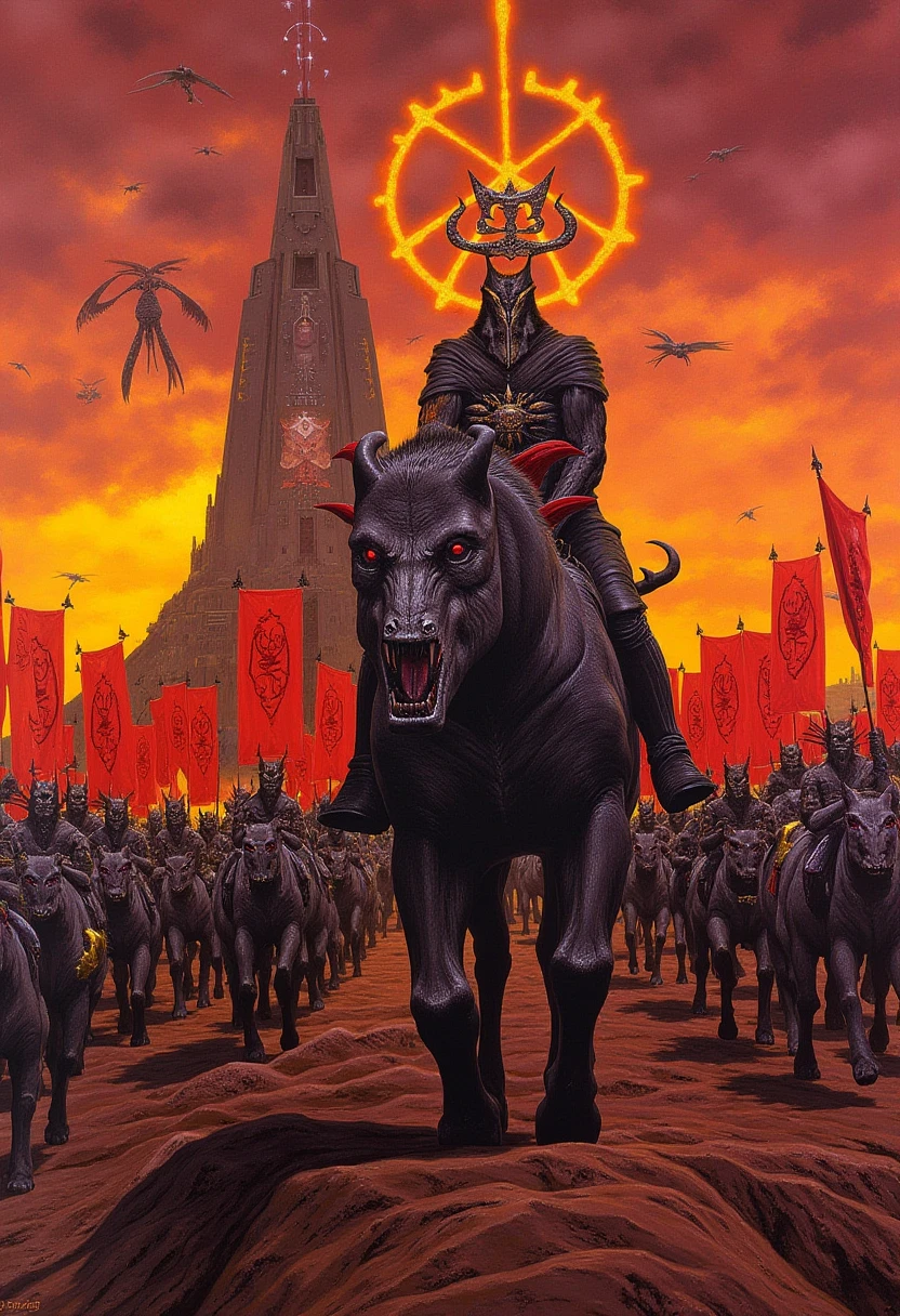 A highly detailed fantastical picture of a demon lord leading a demon army across the plains of hell. He rides a large hell beast. His royal sigils glow around his head. The army is armed, armored, they carry royal banners. A large hell city is in the distance behind them. Strange creatures fly around the sky.