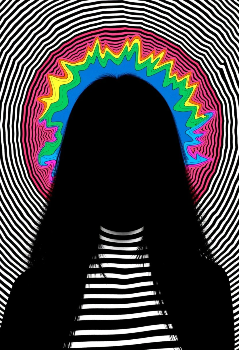 Closeup Portrait, Monochrome, Closeup Portrait of a minimalism surreal black Silhouette Striped  angel with long galaxy Hair and with an colorful earth Like halo infront a Striped space universe embedded in a grignani inspired monochrome with vibrant colorful lines, an Image completely made of bold thick lines, perfectly aligned, a 3d Illusion Made of line in the whole Art piece Like its one in black and white deep lined and striped space