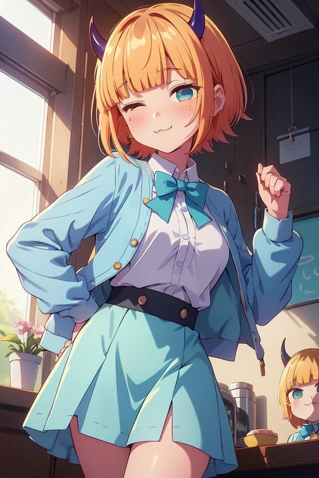 (P_Mem_Cho), 1girl, solo, short hair, :3, blunt bangs,  smile, blush, looking at viewer, (tiny horns), memcho, (((gradient hair:1))), multicolored hair,
blue open jacket, white dress, blue bow tie, white shirt,