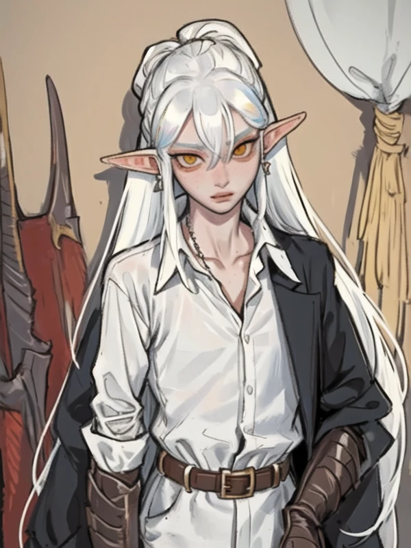 Portrait oil painting of a woman, 1girl, elf, pointy ears, solo, white hair, long hair, jewelry, pants, flat chest, orange eyes, shirt, looking at viewer, necklace, white shirt, hair between eyes, earrings, belt, long sleeves, closed mouth, cowboy shot, collared shirt, very long hair, iron gauntlets, collarbone, standing, scabbard, brown belt, dress shirt, <lora:MOSSAI2:0.8>
