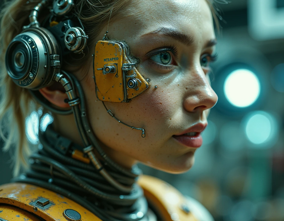 ossttn, cybernetic female wearing epic bionic cyborg implants, wires, tubes, biomechanical details, super model, prismatic highlights, telephoto, depth of field, cinematic, macro, <lora:Old Space Station - Flux LoRA - Trigger is ossttn:.8>