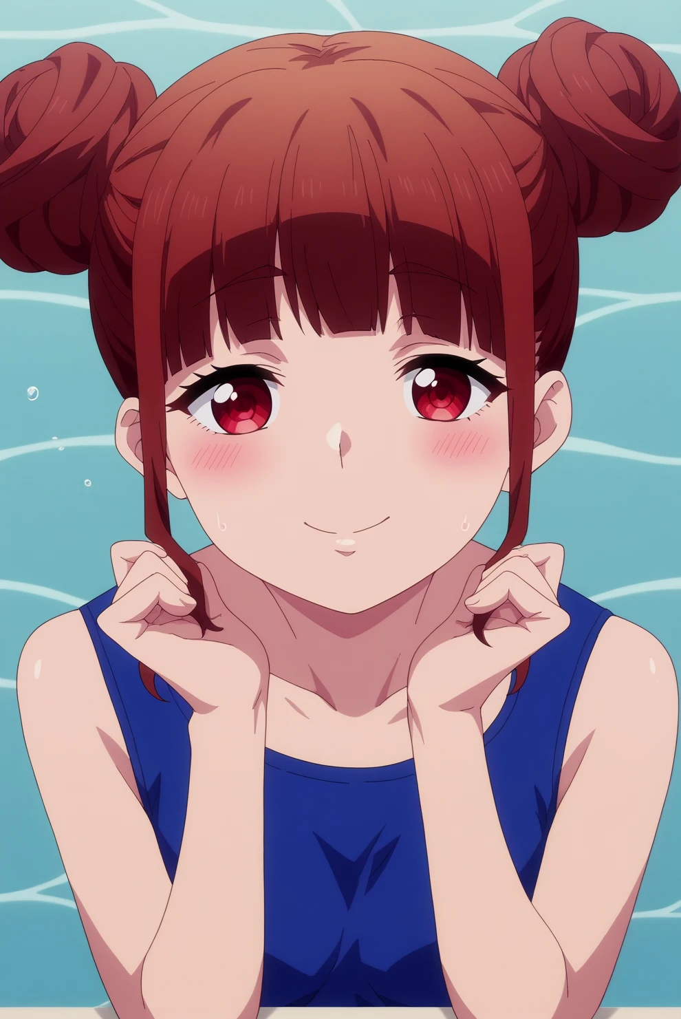 score_9, score_8_up, score_7_up, score_6_up, score_5_up, score_4_up, source_anime,anime screencap BREAK shunka hiiragi,1girl,blush,bangs,blunt bangs,solo,hair bun,smile,chignon hairstyle, double bun,blue one-piece swimsuit, looking at viewer,one-piece swimsuit, upper body,tiles,pool, water,water reflection ,consistent background, anime coloring <lora:Shunka Hiiragi - PDXL.safetensors:0.8>