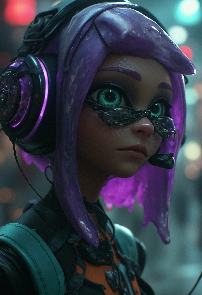 A close-up of a dark-skinned inkling, green eyes, purple hair, headphones, sunglasses, in cyberpunk city, at night