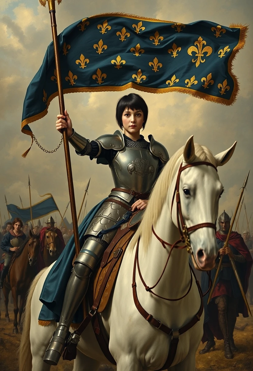 Masterpiece painting, dramatic angled-front view, , heroic painting of a beautiful girl on a medieval battlefield, short black hair, full-plate-mail armor, holding up a lance with a long and narrow blue and gold banner with hundreds of embroidered fleur-de-lis, defiance of an enemy, sitting on a large white steed,