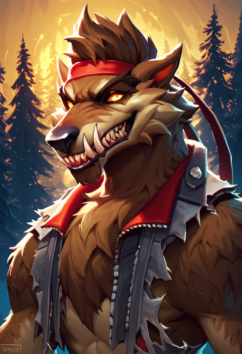 score_9, score_8_up, score_7_up, best quality, highres, 1boy, solo, upper body, dire, fortnite, werewolf, furry, brown fur, yellow eyes, headband, seductive, forest, night, glowing, detailed background, looking at viewer, <lora:Dire_Fortnite:1>