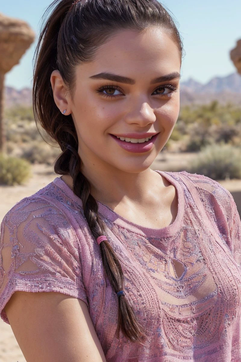 headshot of S508_VioletStarr,an attractive woman,in a (desert:1.1),wearing a (pink t-shirt),(ponytail),(smiling),(4k, RAW photo, best quality, 50mm, depth of field, ultra high res:1.1),(intricate, photorealistic, cinematic-shot, masterpiece, ultra-detailed:1.1),