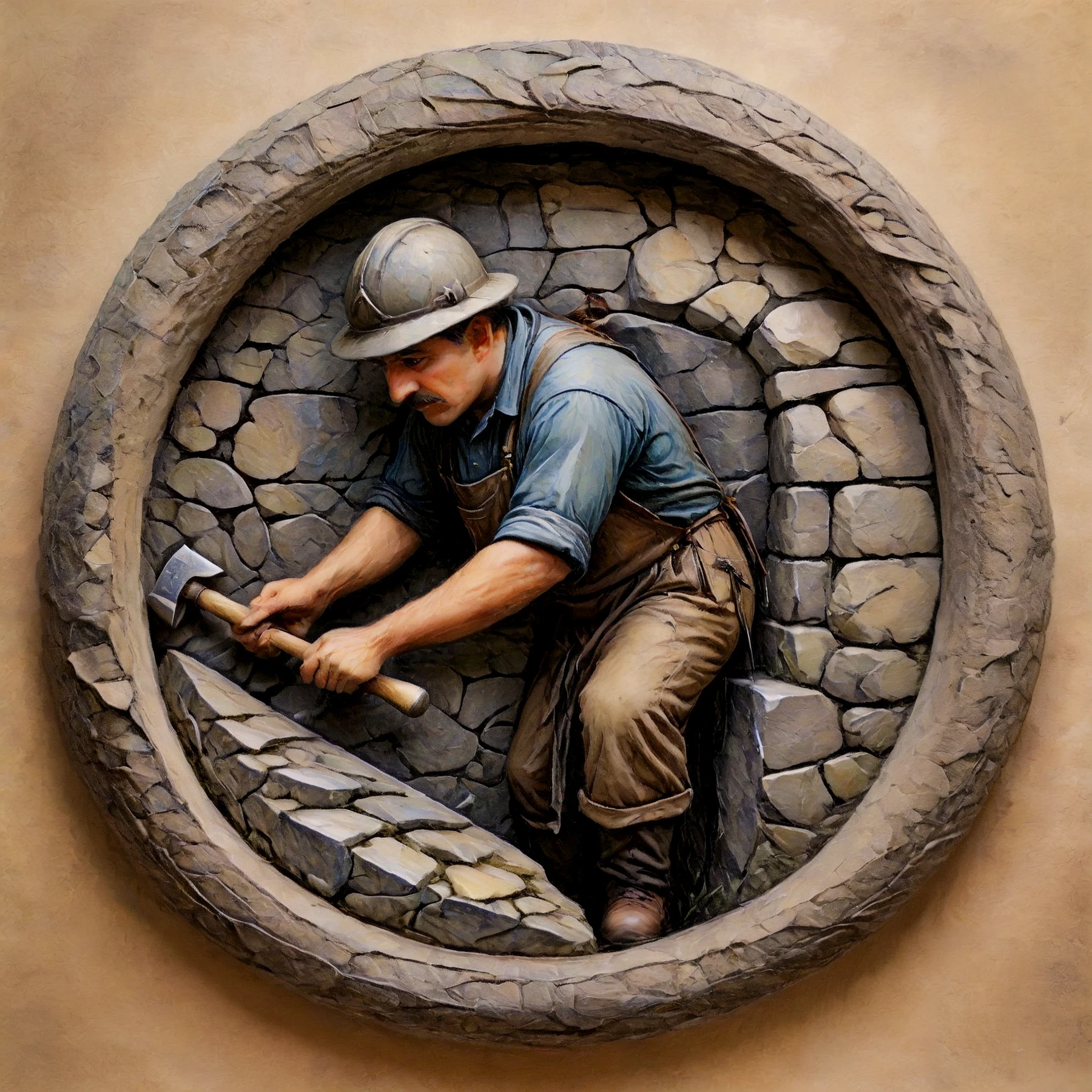 A stone mason, striking stone with a hammer. Framed.

<lora:StoneFramed01-05_CE_SDXL_128OT:0.9>