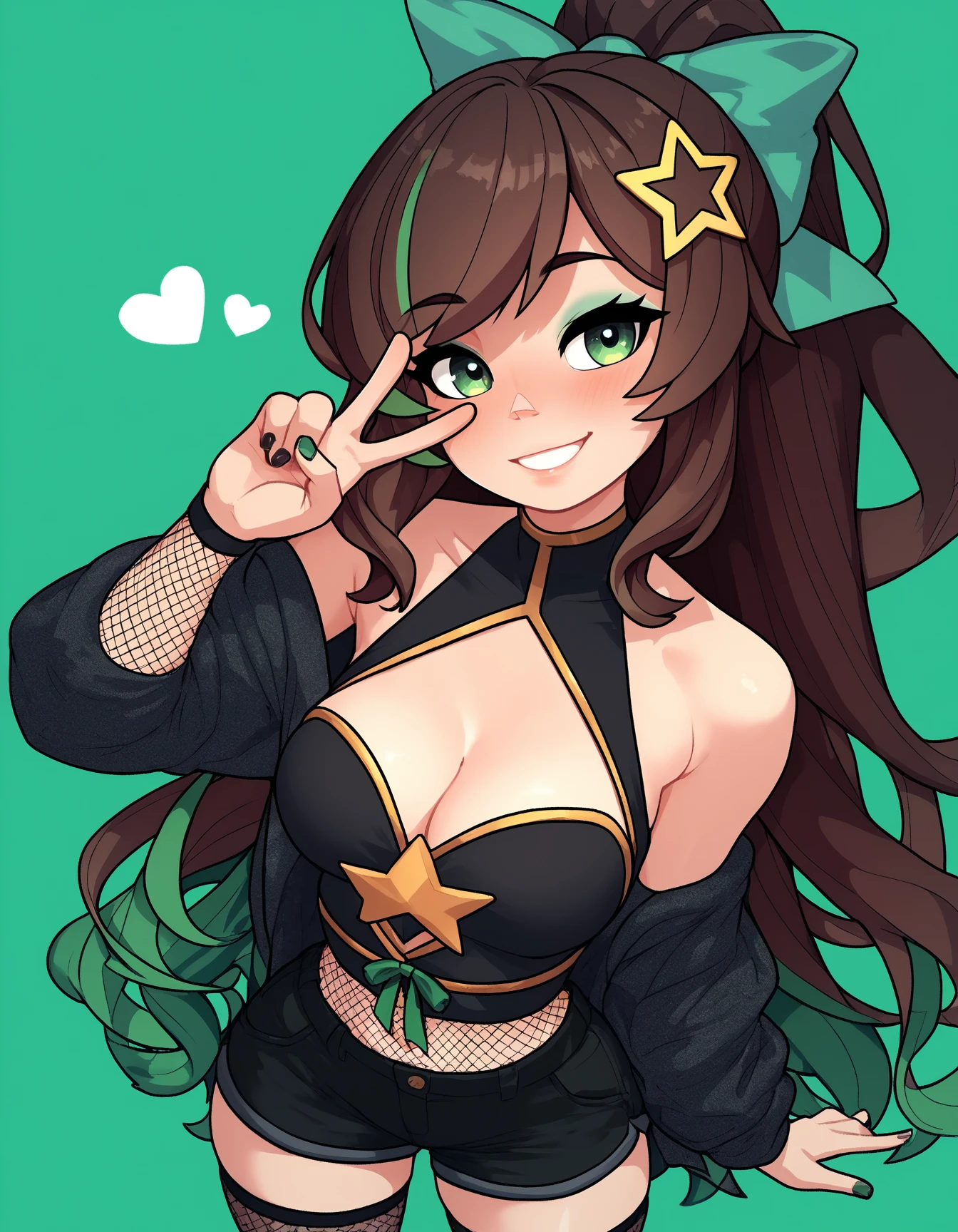 score_9, score_8_up, score_7_up, score_6_up, score_5_up, zPDXL3, max detail, 4k wallpaper, masterpiece, best quality, absurdres, highres, dynamic angle, dynamic pose, source_anime, 
NaytLaytStyle, 
upper body, 1girl, solo, green eyes, virtual youtuber, smile, fishnets, breasts, green hair, black nails, thighhighs, star hair ornament, v, long hair, brown hair, multicolored hair, ponytail, star (symbol), hair ornament, looking at viewer, bow, shorts, hair bow, heart, shirt, black shorts, clothing cutout, from above, black shirt, ribbon, bangs, blush, medium breasts, green nails, hair ribbon, nail polish, bare shoulders, very long hair, cleavage, eyeshadow, green background
<lora:NaytLaytStyle:1> <lora:ThickOutline:0.3> <lora:SoftAnimeStyle_HashFix:0.3>