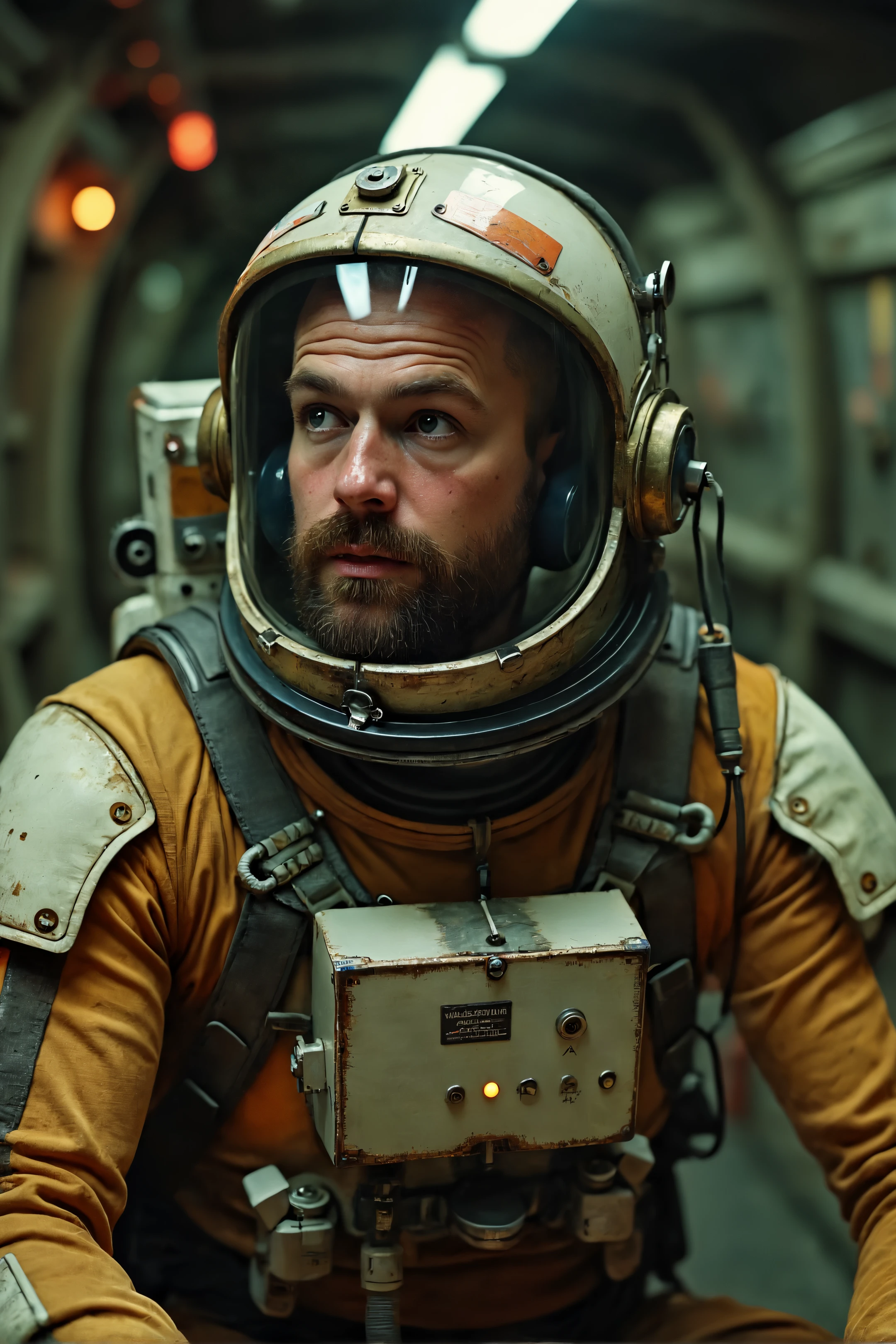 Photorealistic, a bald slightly chubby young man, rugged beard, with healthy blush and subtle freckles, in a retro space helmet with a chipped, tinted visor and rusted metallic plating. The helmet is adorned with faded mission stickers and worn-out communication wires dangling from the sides. His suit is a classic, vintage-style spacesuit with padded shoulders and reinforced elbows, showing signs of wear with patches and scuff marks. The suit features a bulky, worn utility belt and a chest-mounted life support system with dimly glowing, malfunctioning indicators. sitting on the ground. The background is the interior of an old, worn-out space station, with flickering lights and cracked walls, exuding an atmosphere of abandonment and solitude.