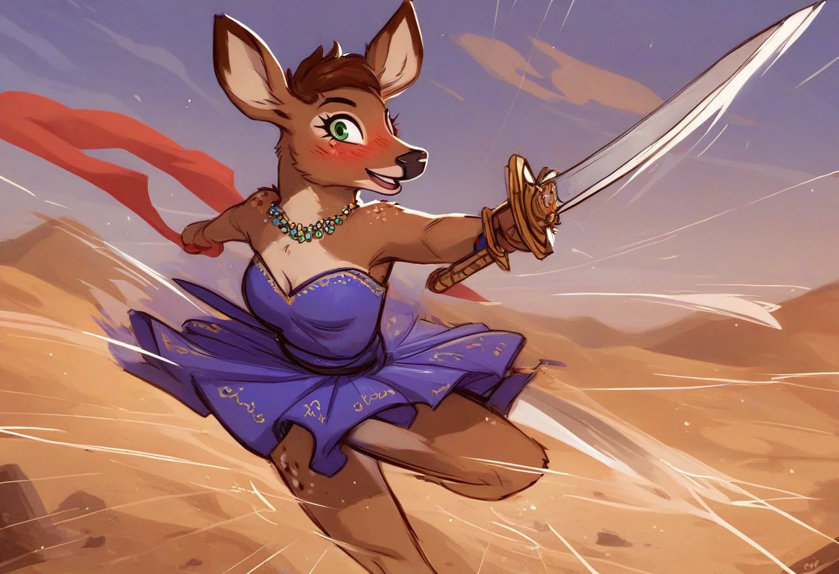 score_9, score_8_up, score_7_up, Penny Carson, 1girl, deer girl, solo, brown hair, brown fur, breasts, cute, green eyes, animal ears, furry female, smile, blush, jewelry, looking at viewer, prom dress, strapless dress,  flat colors, big sword, holding sword, flying, jump, acrobatic, speed lines, open mouth, excited, martial arts, desert, epic