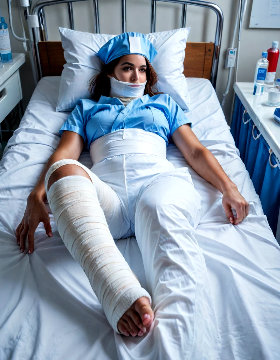 score_9,score_8_up,score_7_up,realistic,1girl,<lora:Broken Bone Cast:1>,ankle cast,bandages,arm cast,hospital bed,