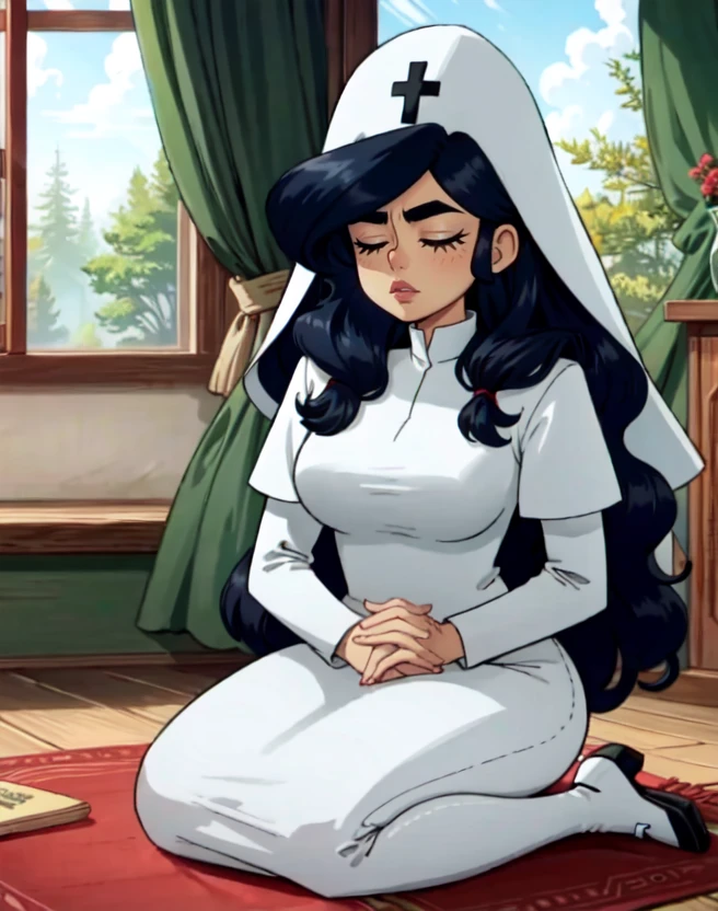 [masterpiece], 1girl, solo, <lora:Xochi:1>, xochi, on knees, hands together, praying, nun outfit, nun uniform, nun headgear, dramatic lighting, indoors, eyes closed, full body,