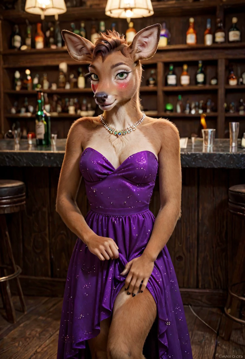 score_9, score_8_up, score_7_up, Penny Carson, 1girl, deer girl, solo, brown hair, brown fur, breasts, cute, green eyes, animal ears, furry female, bar, smile, blush, jewelry, looking at viewer, prom dress, purple dress, strapless dress, glamorous, rave, rimlight