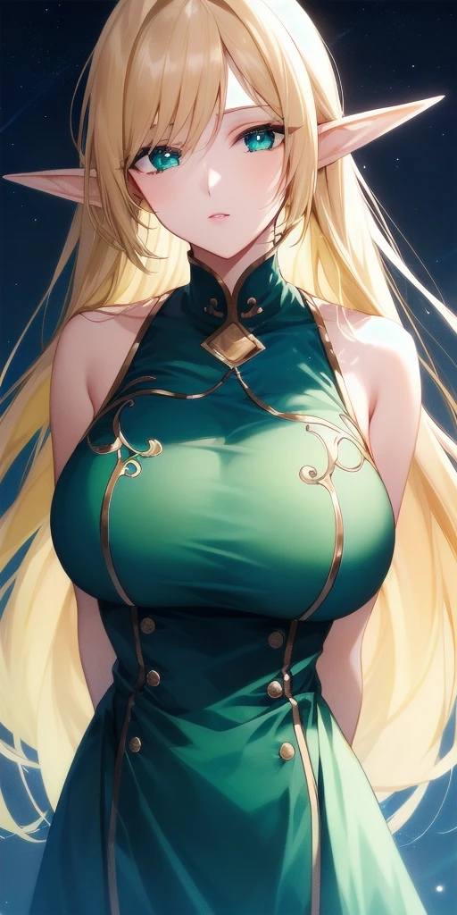 <lora:DeedlitV8:.7>deedlit, standing, huge_breasts, solo, arms_behind_back, starry_sky, green_sleeveless_short_dress,, masterpiece, best_quality, detailed_face, detailed_eyes, highres, beautiful, detailed, absurdres,