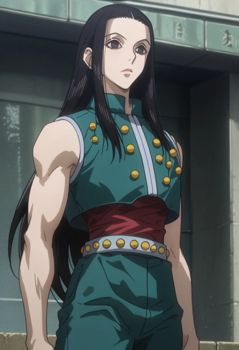 score_9, score_8_up, score_7_up, source_anime, rating_safe, IllumiHXH, black Illumi eyes, black Illumi hair, 1boy, male focus, anime screencap, green-blue Illumi sleeveless, red Illumi waist cloth, green Illumi pants, whte-yellow Illumi belt,