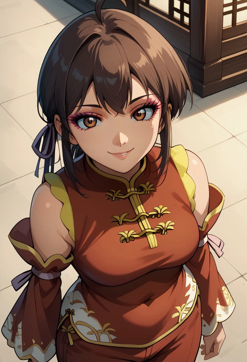 score 9, score 8 up, score 7 up, baku gan, 1girl, chanlee, ahoge, eyeshadow, hair ribbon, brown eyes, looking at viewer, bare shoulders, china dress, detached red sleeves, red pants, standing, upper body, smile, from above, mature woman,