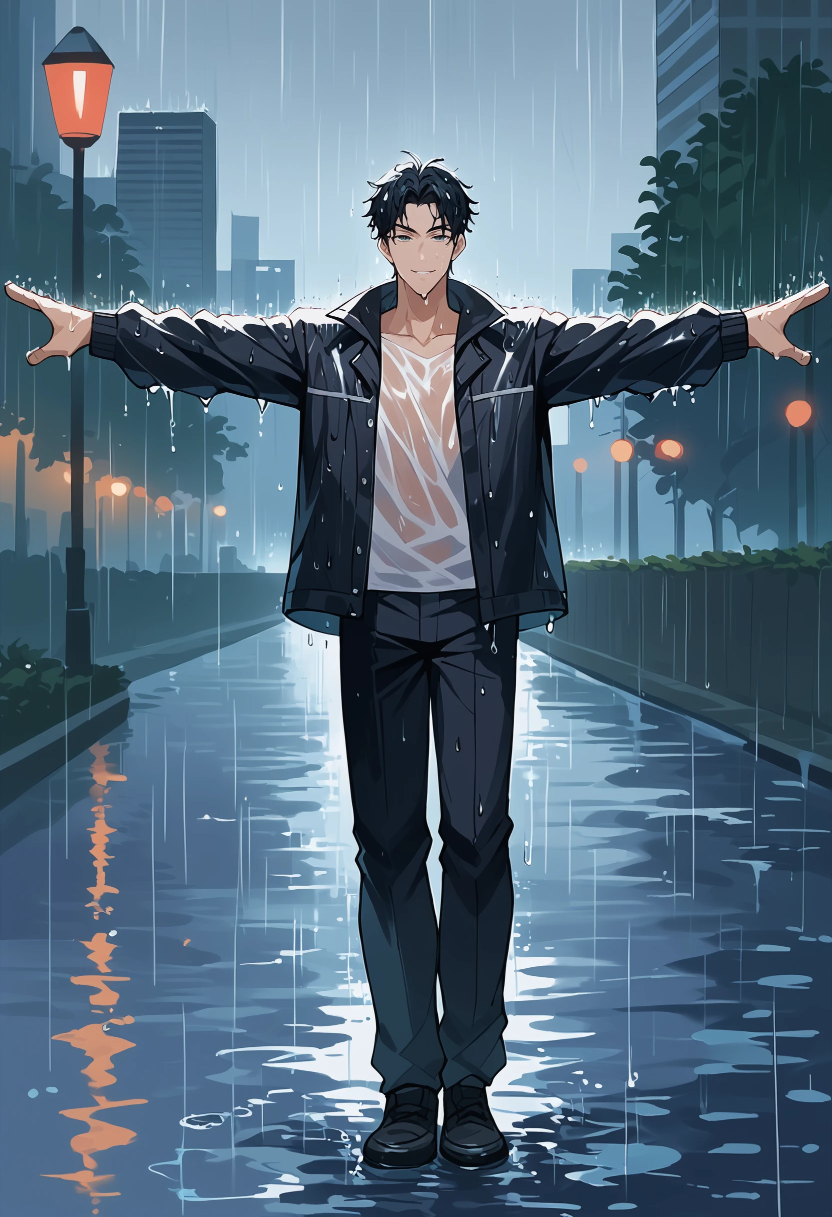 score_9, score_8_up, score_7_up, 1boy, tpose, (t-pose:1.2), spread arms, standing, heavy-rain, rain, wet, cloudy, dark, wet clothes, wet hair, jacket, cityscape, park, full body, looking at viewer, smile
 <lora:T-Pose (pony) v1:1>  <lora:Rain (pony) v1:0.8>