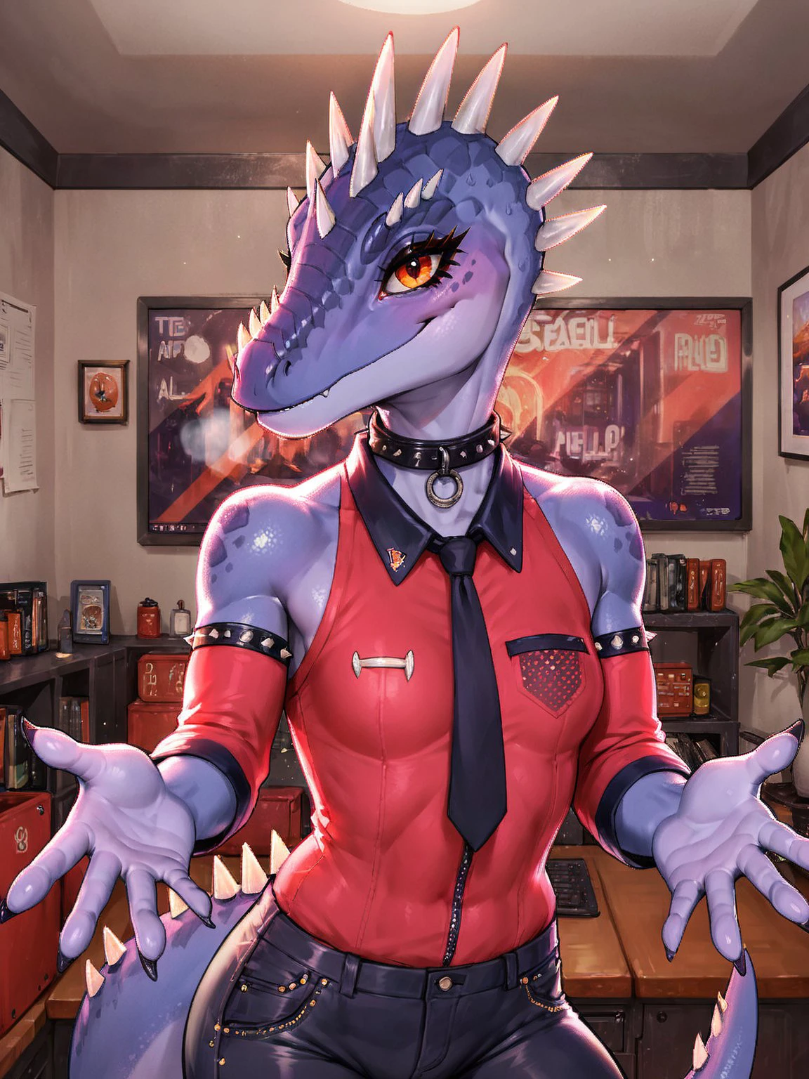 (score_9, score_8_up), score_7_up, score_6_up, score_5_up, score_4_up,  source_furry
Tryx, small breast, dinosaur, purple skin, orange eyes, eyelashes, black trousers, red shirt, red sleeves, black collar on the shirt, bare shoulders, black tie, spikes on the head, scales, black circles around the eyes, black collar, outstretched arms, reaching reaching towards viewer, smile, heavy breathing, inside
<lora:Tryx_XL:0.9>