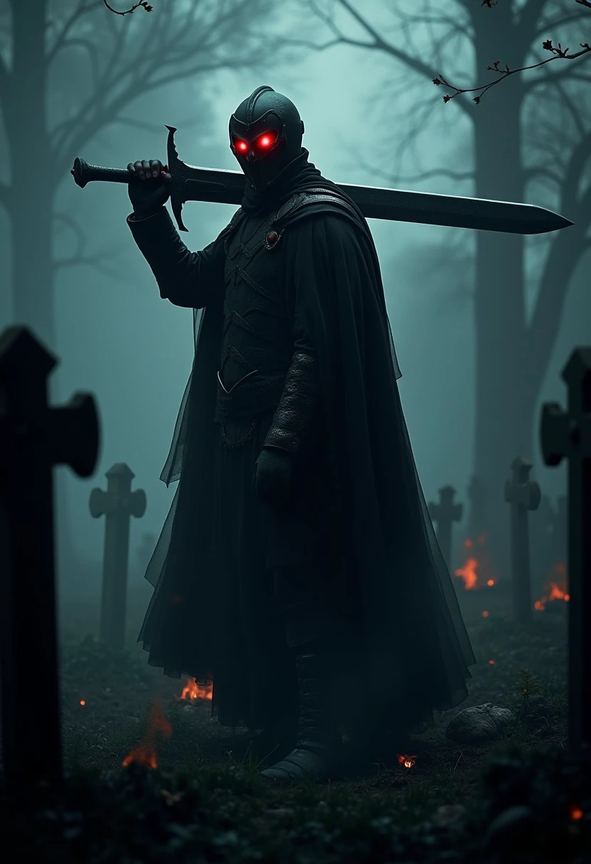 sh4dowre4lm, uocssh4dowre4lm, 
red glowing eyes man holding on shoulder gigantic sword. Man stand in dark graveyard on comig zombies, Wearing scary helmet, gauntlets and cloak.