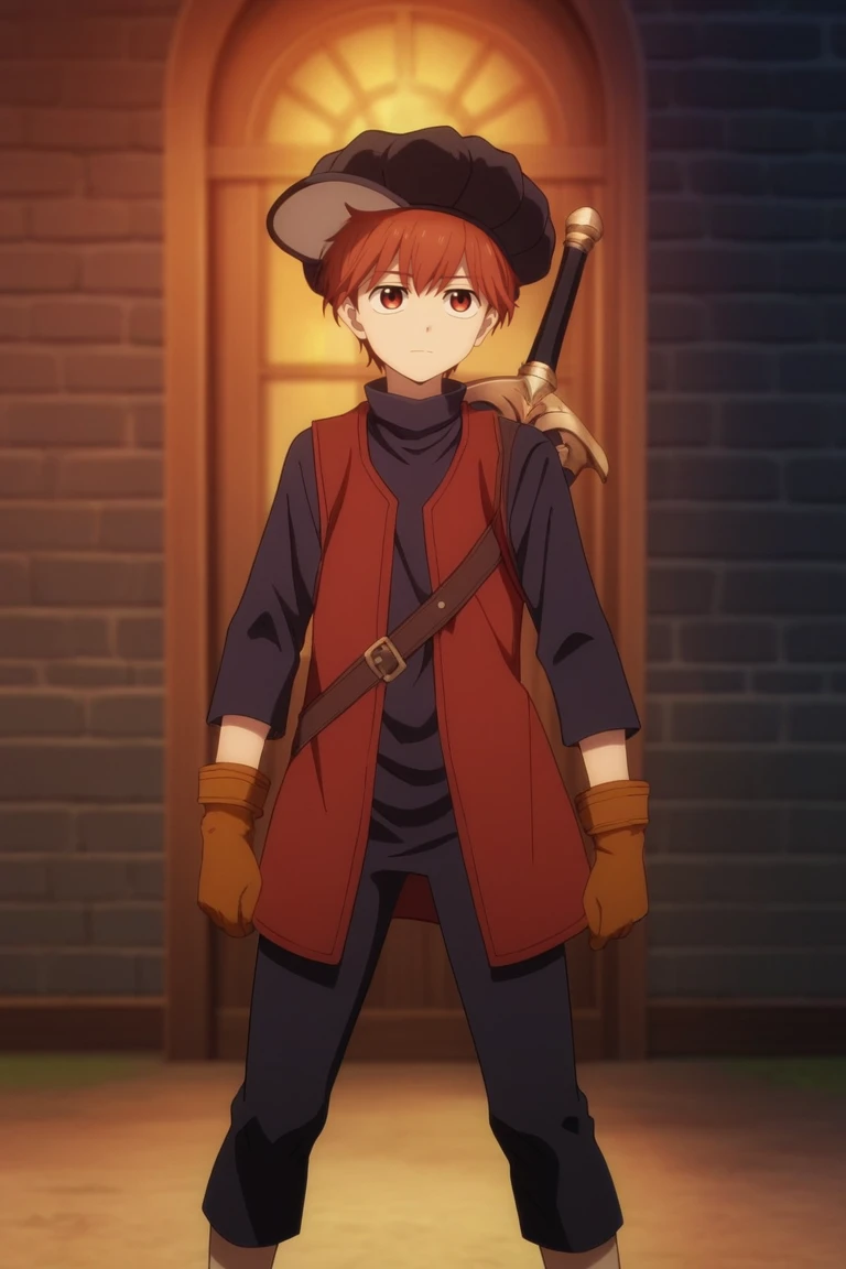 score_9, score_8_up, score_7_up, score_6_up, masterpiece, best quality, amazing quality, best aesthetic, absurdres, intricate details, near, red hair, red eyes, black hat, black shirt, red vest, 1boy, male focus, weapon, gloves, sword, brown gloves, solo, night, black pants<lora:EMS-462666-EMS:1.000000>