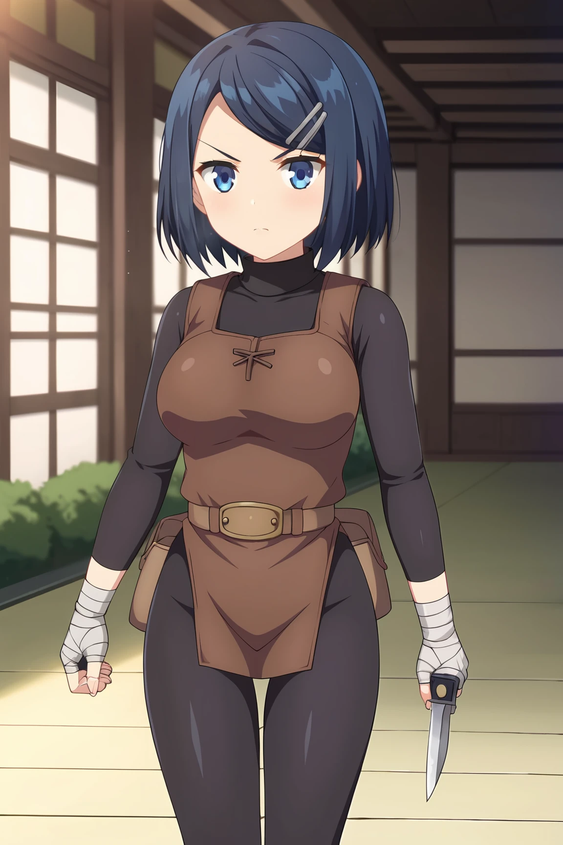 score_9, score_7_up, source_anime, <lora:clay-pony:0.8>, clay_wz, short hair, blue hair, blue eyes, hair ornament, hairclip, breasts, fingerless gloves, grey gloves, bandages, long sleeves, black bodysuit, bodysuit, long sleeves,  thigh pouch, bandaged hand, bandaged hand,  turtleneck, brown belt, brown pinafore dress, standing, holding, knife, japanese temple, east asian architecture, nature, angry, light rays, horosuke, shiny skin, shiny clothes, dynamic angle, dynamic pose,