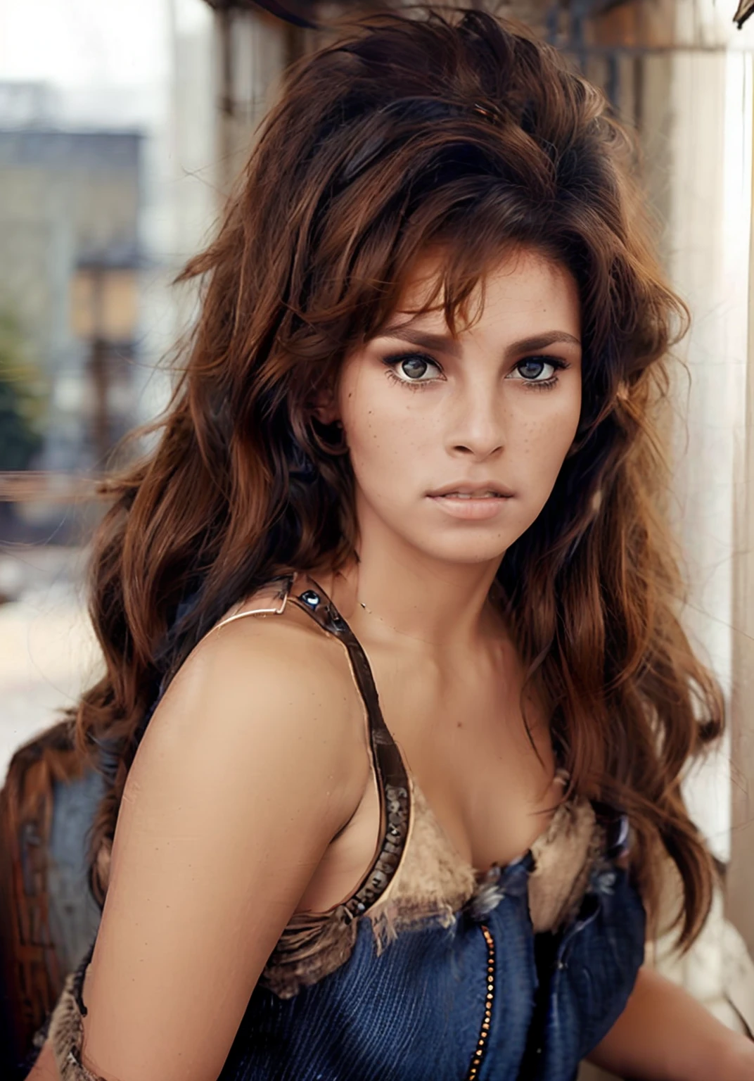 A three-quarter portrait ofraquelwelly123 woman with wavy brunette hair, fair freckled skin, and a confident expression. She is dressed in a black embellished top and white high-waisted jeans with a black belt. Her stance is assertive with one hand on her hip.<lora:raquelwelly123_14:0.9>,