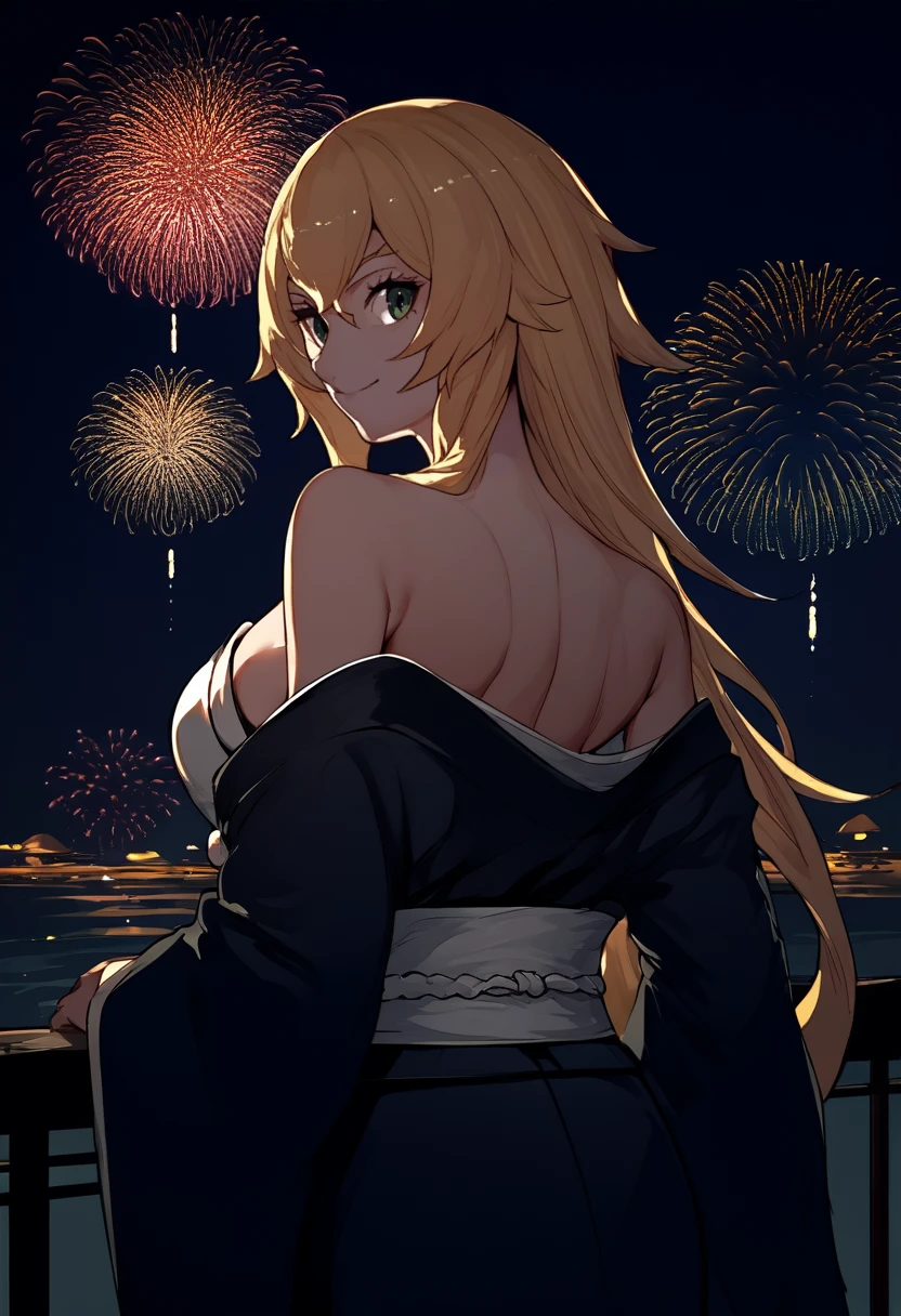 score_9, score_8_up, score_7_up, source_anime, from behind, solo, 1girl, frederica baumann, smile, closed mouth, looking back, long hair, japanese clothes, black kimono, off shoulder, white sash, bare shoulders, large breasts, fireworks
<segment:yolo-face_yolov8m.pt,0.35,0.5//cid=1>