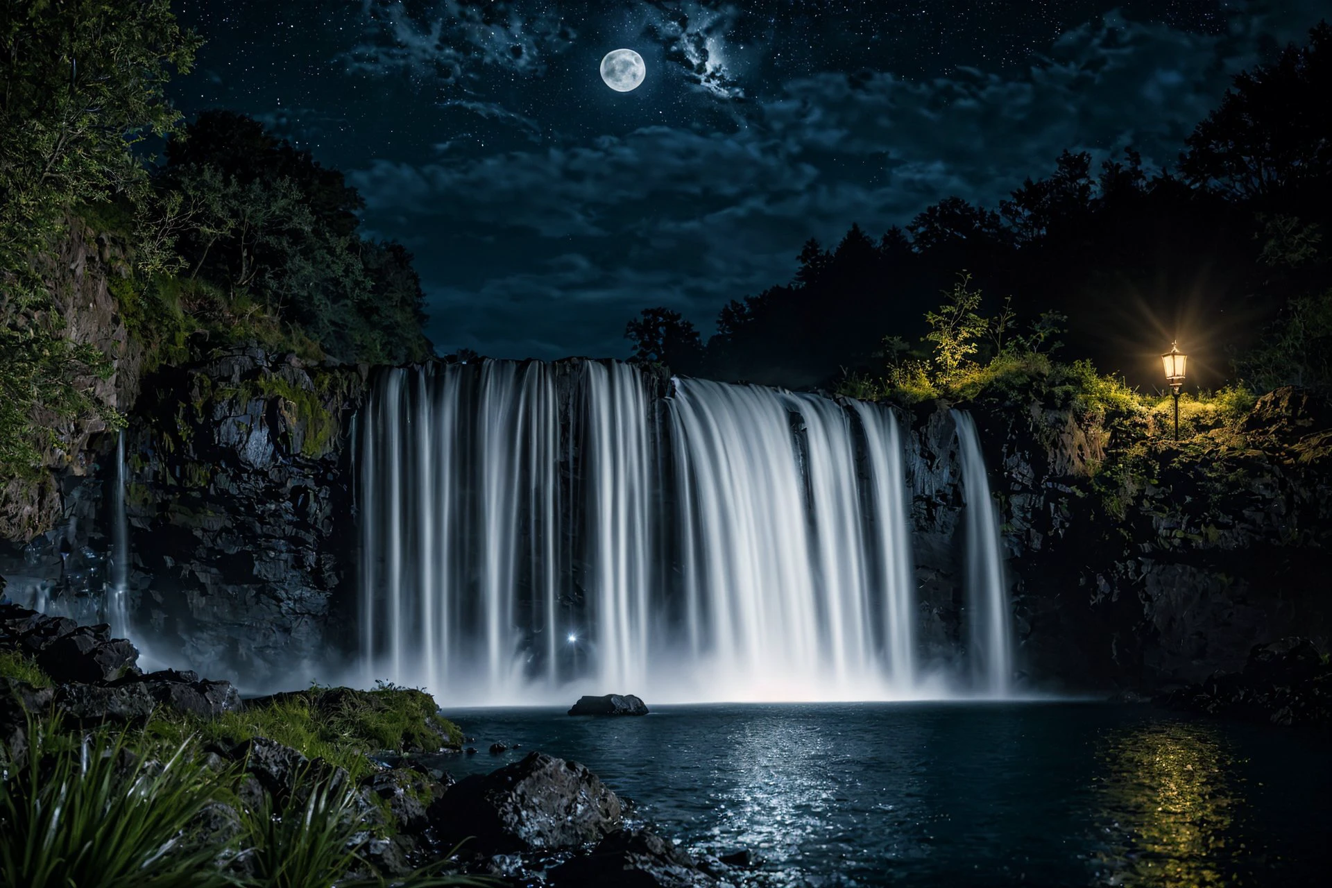 (8k, RAW photo, highest quality, best quality, masterpiece,ultra-realistic, ultra-detailed, hires, sharp focus:1.2), (photorealistic, hyper-realistic:1.37) night, dark fantasy, waterfall, moon